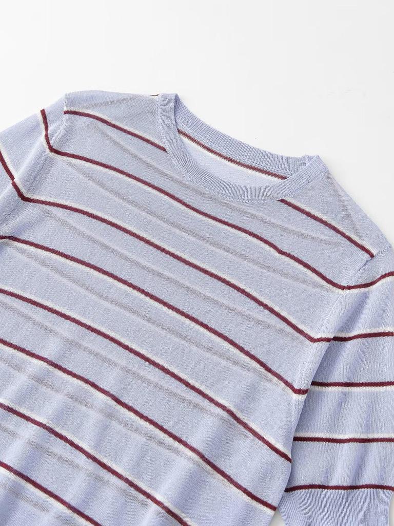 European Style Women's Striped Round Neck Short-Sleeve Top - Spring 2026 Collection (Picture Color)