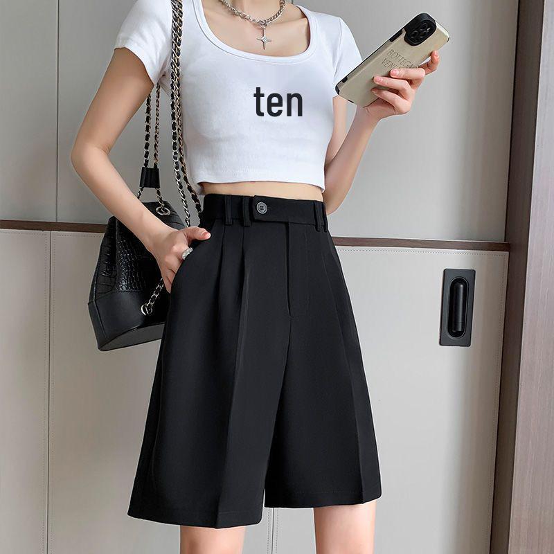 Women's High-Waist Black Bermuda Shorts: Summer, Loose, Straight-Leg, Slimming A-Line, Hong Kong Style.