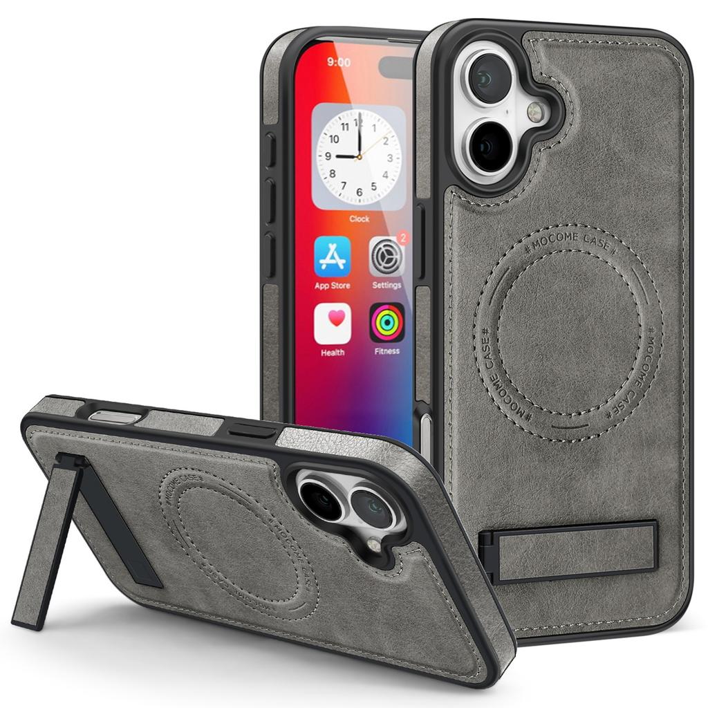 For iPhone 16 Plus Case Compatible with MagSafe with Folded Kickstand PC Silicone Leather Phone Back Cover