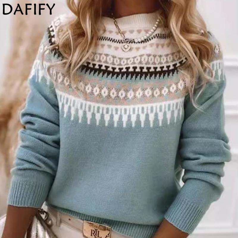 DAFIFY Women's Fashion Casual Geometric Print Fall Winter Long Sleeve O-Neck Sweaters