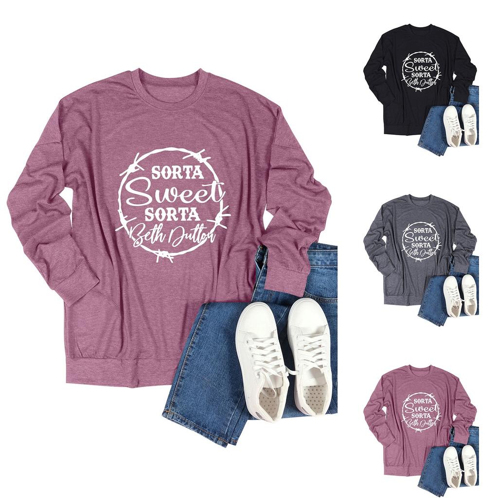 Women's Casual Solid Color Lettering Printed Round Neck Long Sleeve Top