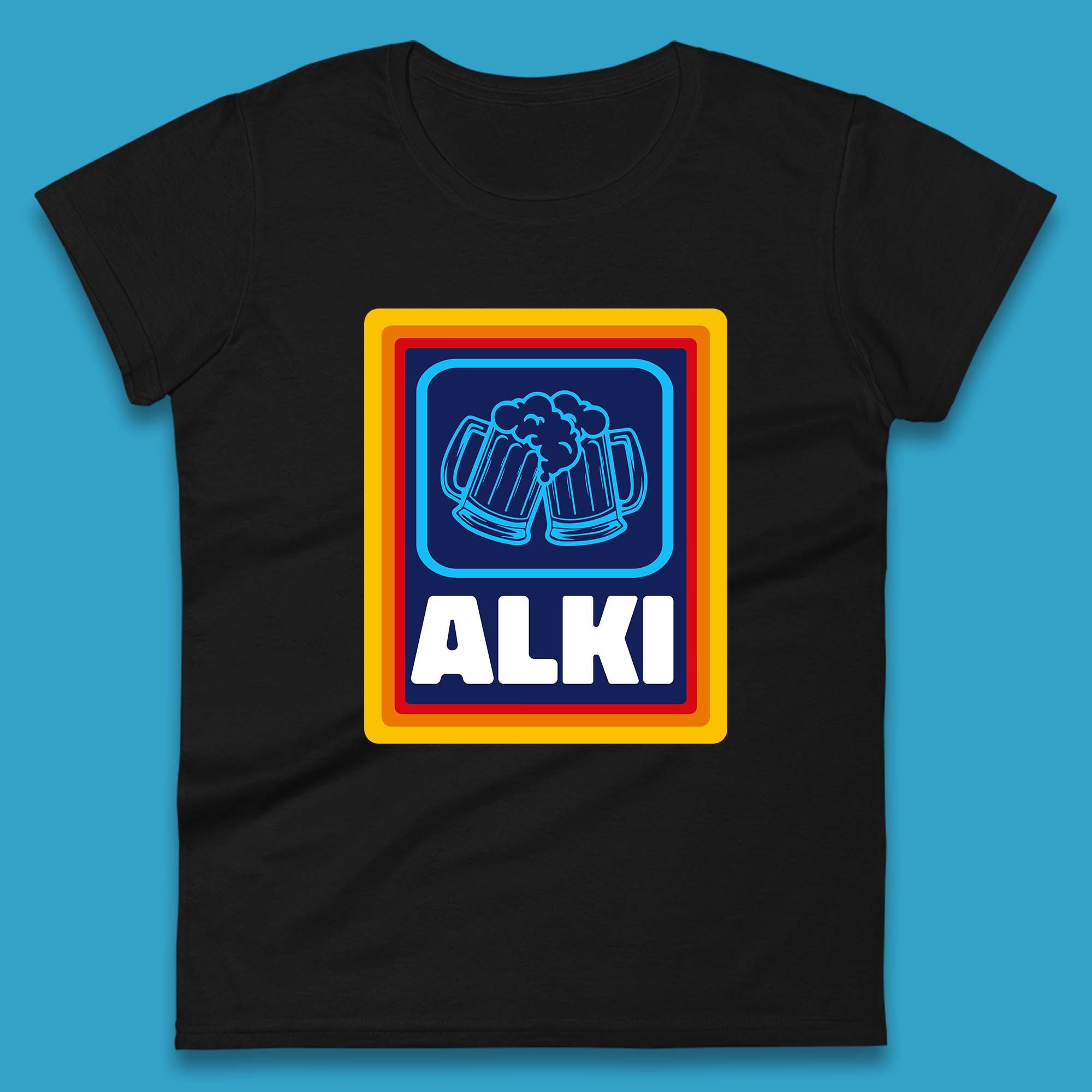 

Alki Aldi Drink Pub Beer Joke Funny Parody Novelty Gift Womens Tee Top 2XL