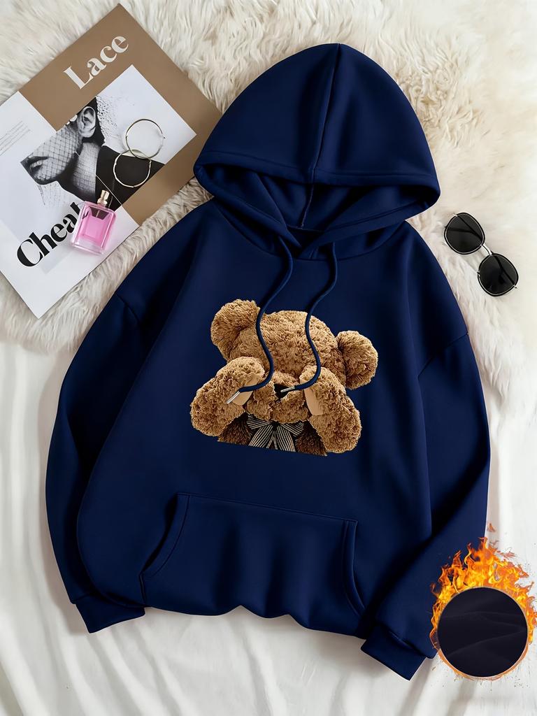 Women's eye-covering teddy bear print hooded sweater autumn and winter velvet loose oversize women's hoodie