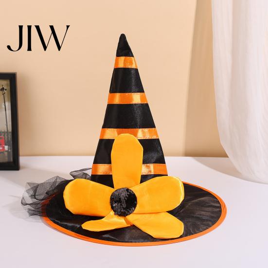 Decorative Headpiece for Women Halloween Witch Hat Girls, Large Striped Wizard Girls with Flower Costume Accessories, Cosplay, Party Fairy Tale Theme