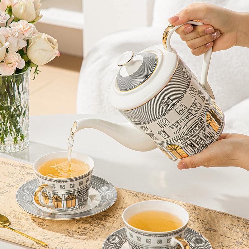 Italian Golden Roman Architecture Coffee Cup Saucer Teapot Set Gold-patterned Handle Swan Castle Afternoon Tea Set Gift