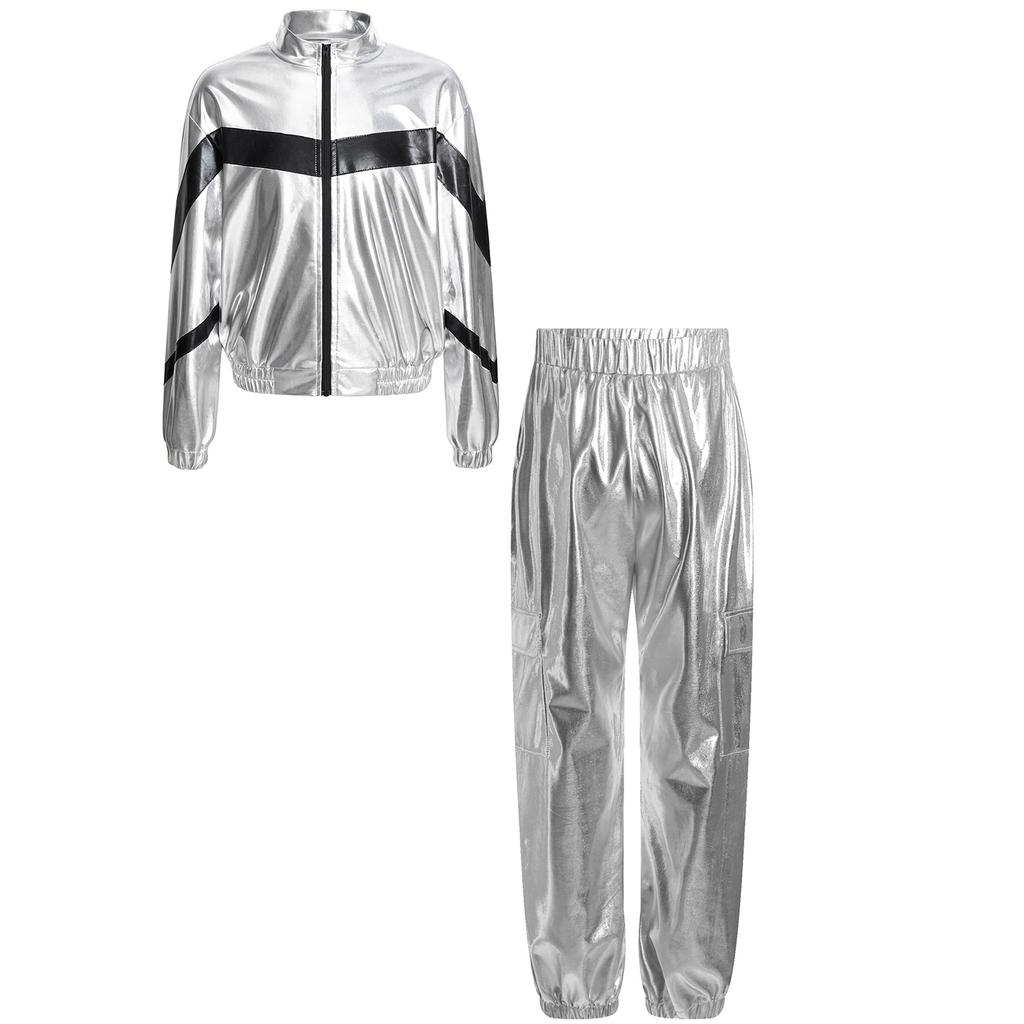 Mädchen Tanzjacke Mode Kontrastfarbe Langarm Stehkragen Metallischer Reißverschluss mit glänzendem Hosen-Set