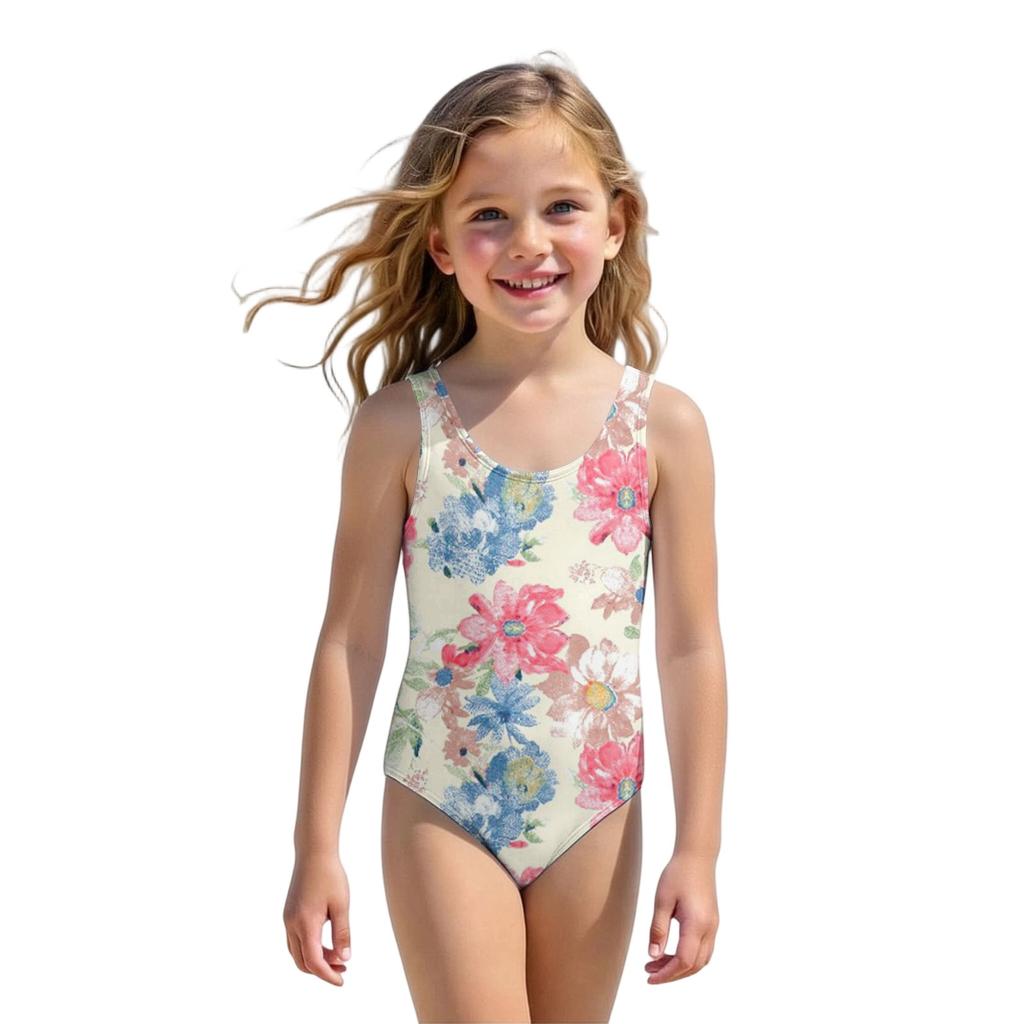 Girls Floral Print One Piece Swimsuit Summer Casual Kids Swimwear Lightweight Comfortable Fabric Suitable for Beach Pool Water Activities