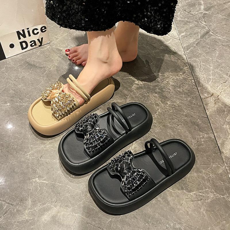 Thick Bottom Step On Shit Wear Summer Bow 2025 New Slippers Rhinestone Feeling Female Outer Drag with Skirt Non-slip Sandals