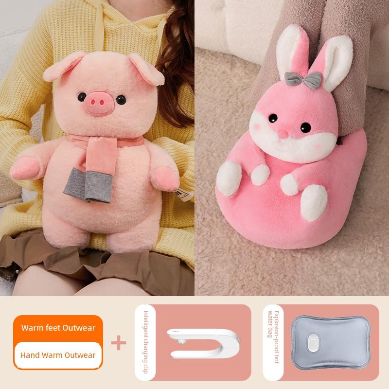 Hot Water Bottle, Rechargeable Hand Warmer, Explosion-Proof Plush Belly Warmer, Cute Hot Water Bag for Women's Bedding