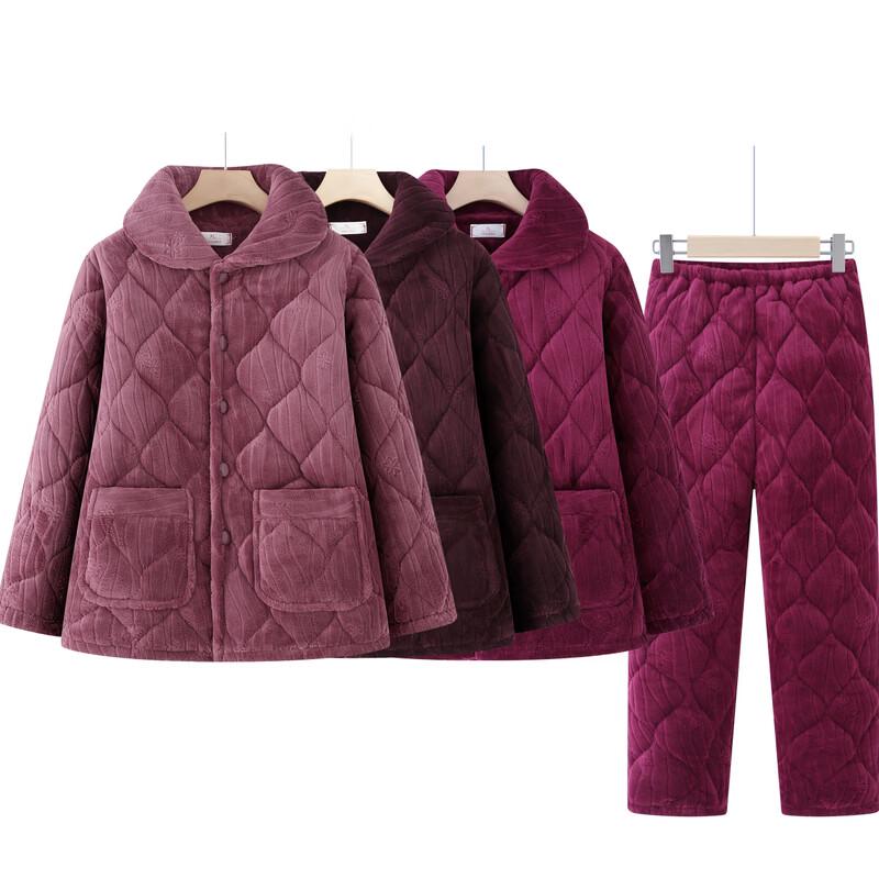 Langsha Elderly Women's Fleece-Lined Thermal Pajama Set