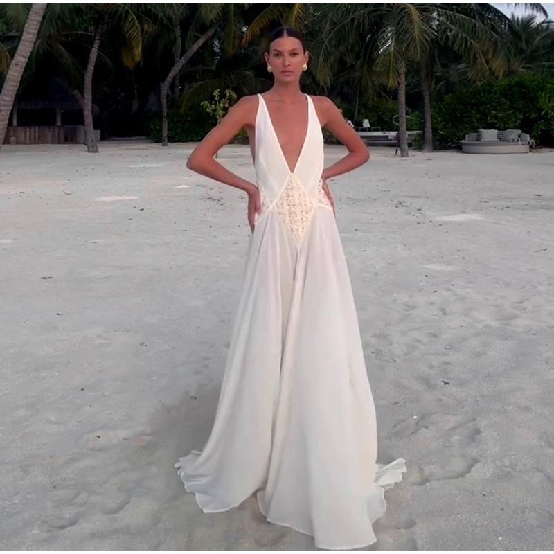 

Women Elegant White Deep V Neck Sleeveless Maxi Dress Hollow Out Splicing Slim A-line Long Dresses 2026 Summer Beach Holiday Dress S белый