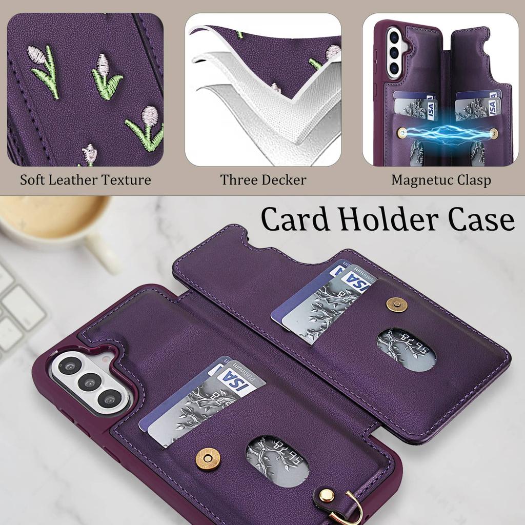 Flip Shockproof Case for Samsung Galaxy A14 A34 A54 A15 A35 A55 A16 A36 A56 Stereo Flower with Lanyard Kickstand Wallet Case