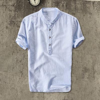 Men Shirt Stand Collar Pullover Sleeves Mid Color Length Solid Short Casual Business Style Vacation Beach Top