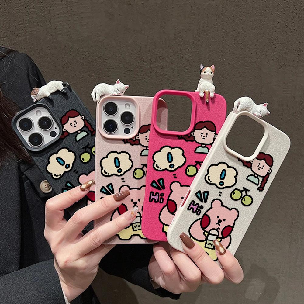 3D pouzdro na telefon pro iPhone 11 13 17 Pro Max 17 Air Case iPhone 13 15 16 Pro Max 12 14 Pro Max 14 15 Plus Roztomilé 3D Kotě Kreslené Kožené