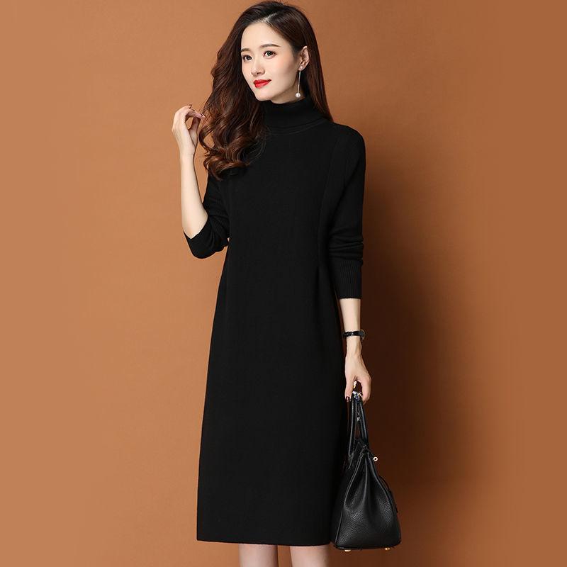 Women's Wool Knit Dress: Autumn/Winter Korean Style, Half-High Collar, Loose Fit, Medium-Long Skirt