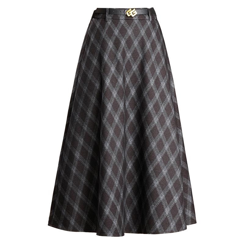 Women's High-Waist Woolen Plaid A-Line Skirt - Autumn/Winter 2025 Collection