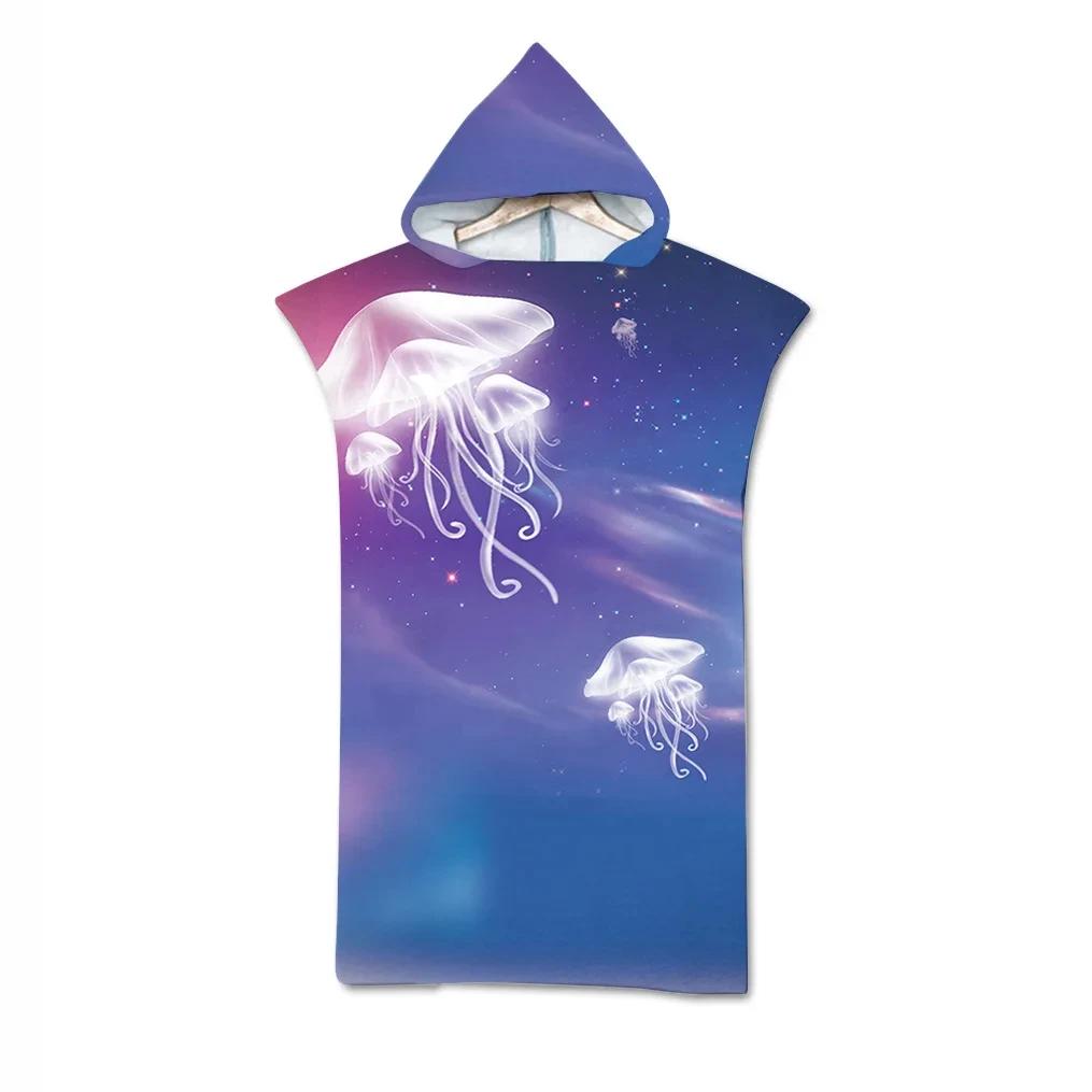 Jelly Fish Bath Beach Towel with Hood Microfiber Soft Hooded Robe Towel Poncho for Swimming Beach Surf Woman Bathrobe Beachwear