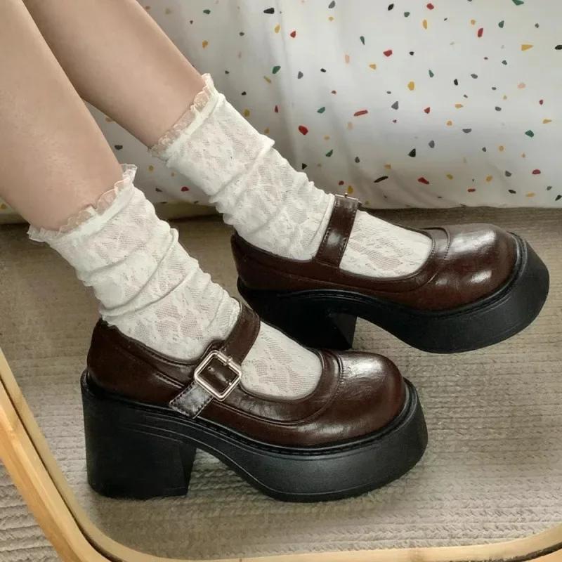 Thick Bottom Mary Zhao High Heels Women's 2025 Spring Autumn Shallow Ruched Preppy Style Student Shoes Leather Shoes