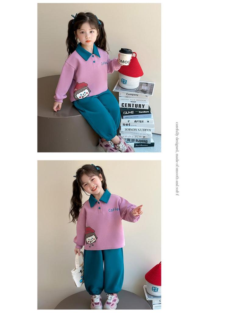 2025 Girls' Korean Style Autumn Two-Piece: Color Block Sweatshirt & Green Pants Set