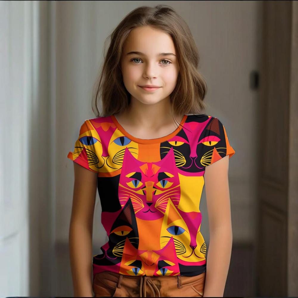 Girl Clothes Summer Cartoon Cat Graphic Children's Clothing  Doodling Short Sleeve O-Neck Top