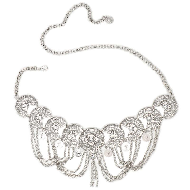 European Style Silver Metal Waist Chain With Sculpted Design For Boho Party And Stage Shows