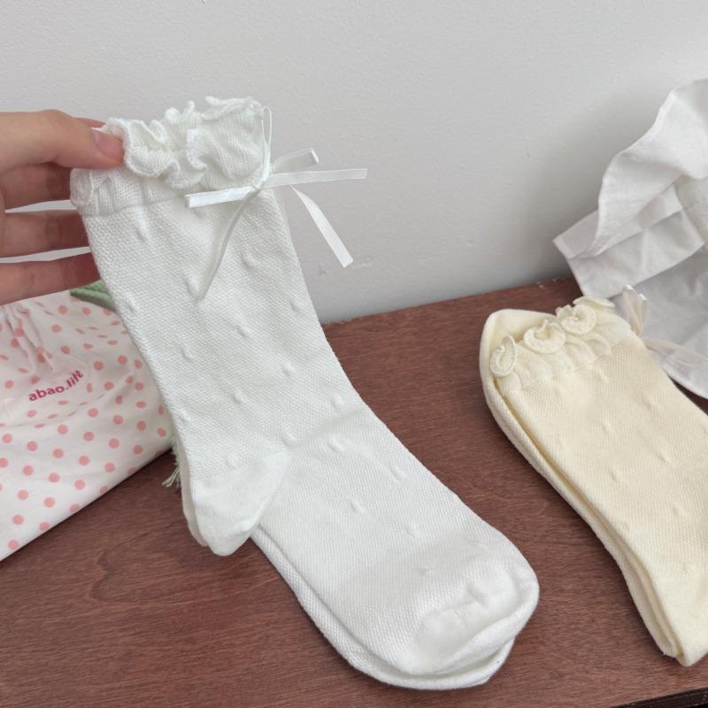 Cute Black Ear-trimmed Mid-calf Socks, Spring and Summer Bow Polka Dot Cotton Socks, Sweat-absorbing and Breathable Boneless Socks for Women