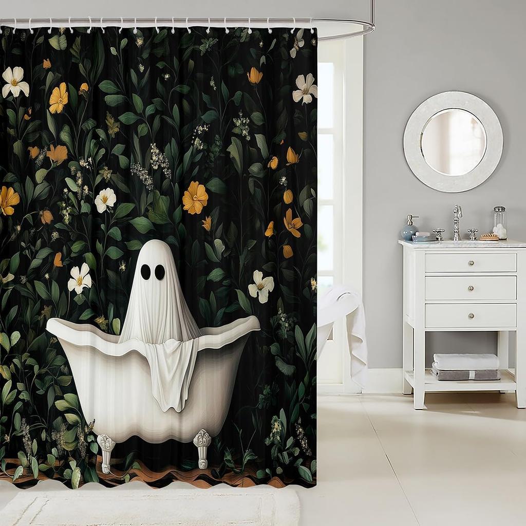 Ghost In Bathtub Shower Curtain Dark Floral Gothic Halloween Decor Linen180X210