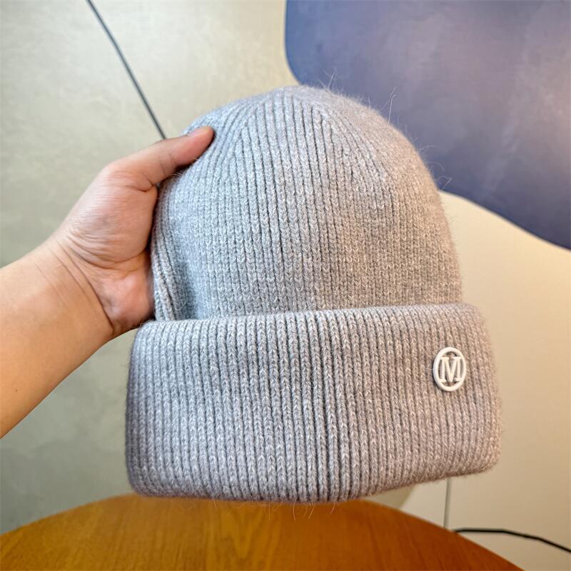 New Letter M Logo Rabbit Fur Beanie Women's Autumn and Winter Korean Version Versatile Thickened Warm Hat Ear Protection Rabbit Fur Knitted Hat