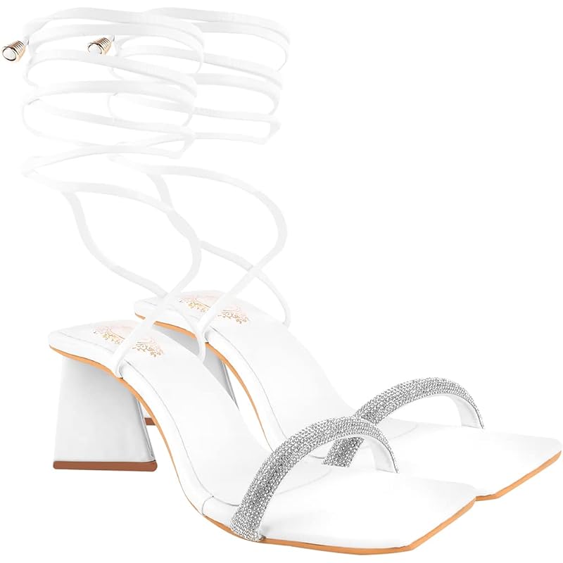 Shoetopia Embellished Stutted Strap White Heeled Sandals For Women & Girls /Uk5