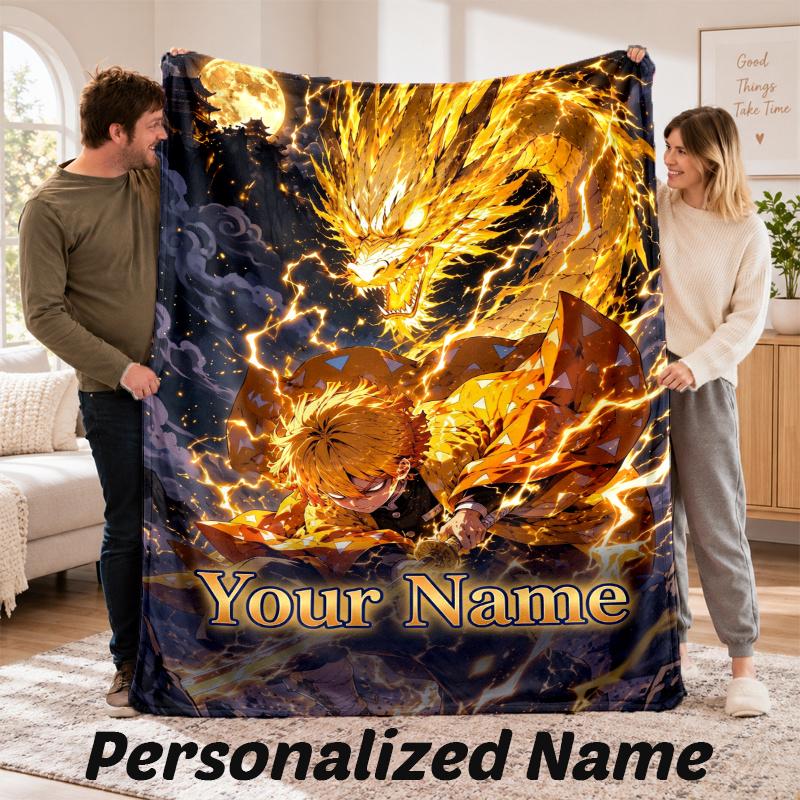 Benutzerdefinierter Name Zenitsu Agatsuma Flanell-Kuscheldecke Personalisierter Text Weiche Decke Bett Sofa Geschenk