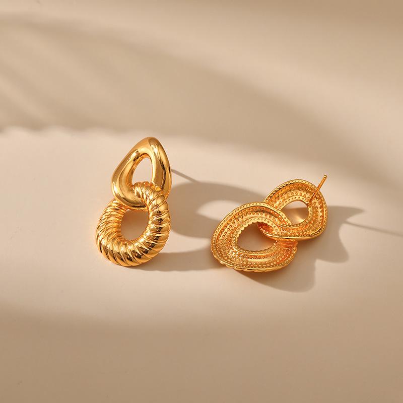 French Vintage Retro Double Ring Hollow 18k Gold Plated Copper Stud Earrings For Women