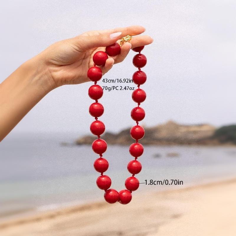Retro Boho Round Bead Choker Colorful Plastic Beaded Handmade Knot Rope Necklace for Summer Beach Travel Wear