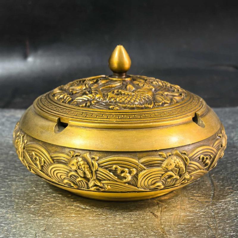Pure brass dragon and phoenix with lid, treasure bowl ashtray, home living room office decoration