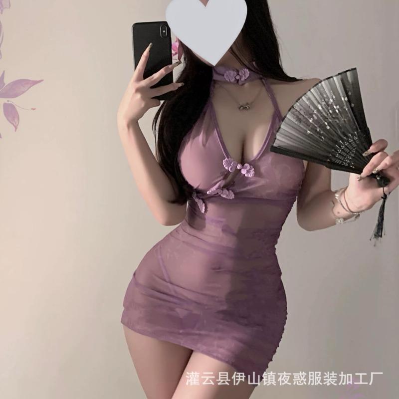 Sex Underwear Pure Desire Purple Cheongsam Sexy Pajamas Women's Antique Butterfly Love Flower Perspective Strap Uniform Suit Qqny