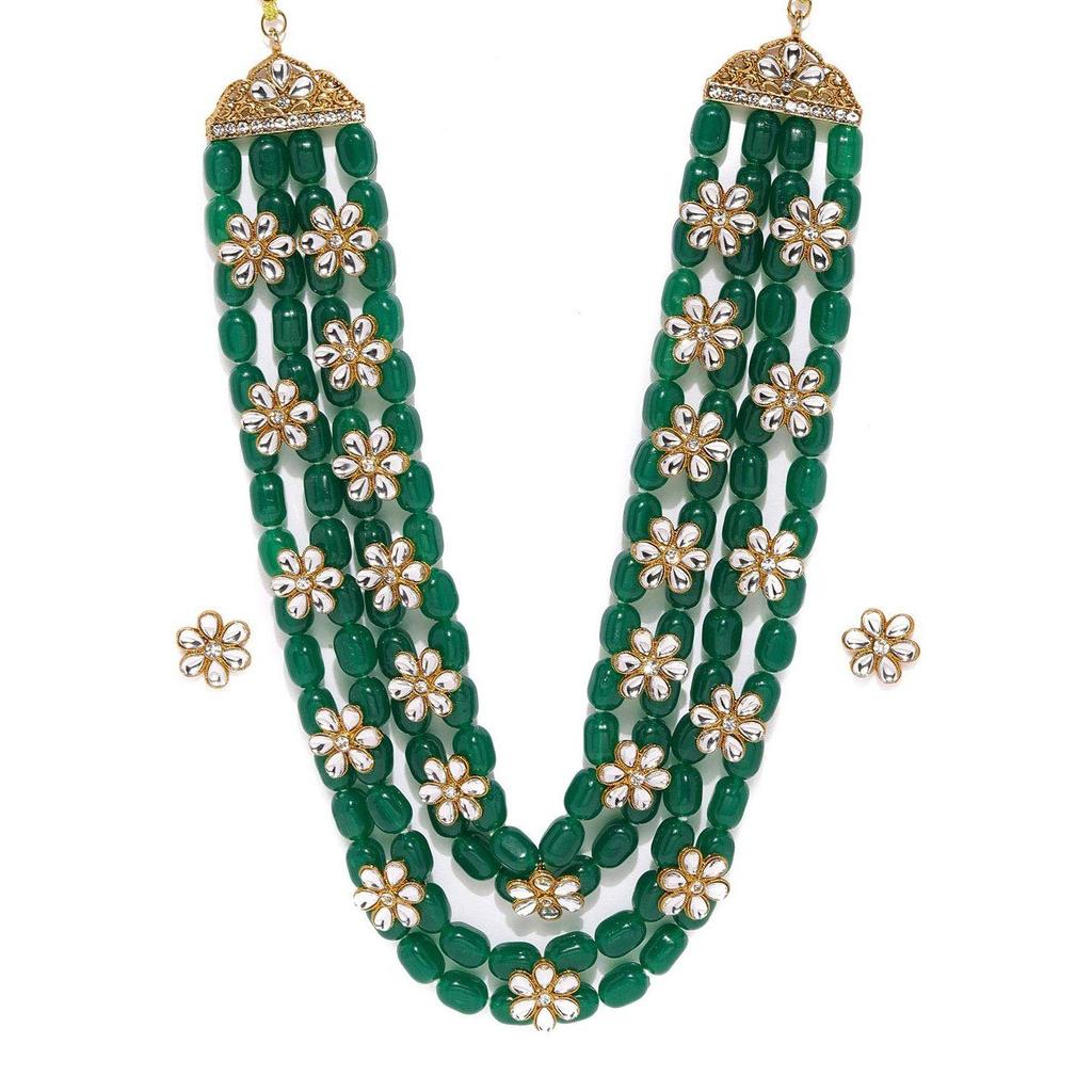 Green Beads & Floral Kundan Necklace Set For Women