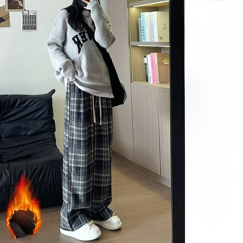 

Ретро клетчатые брюки женские осенне-зимние плюс бархатные брюки, с высокой талией, свободные повседневные брюки, тонкие моп-брюки прямые широкие брюки XS чёрный