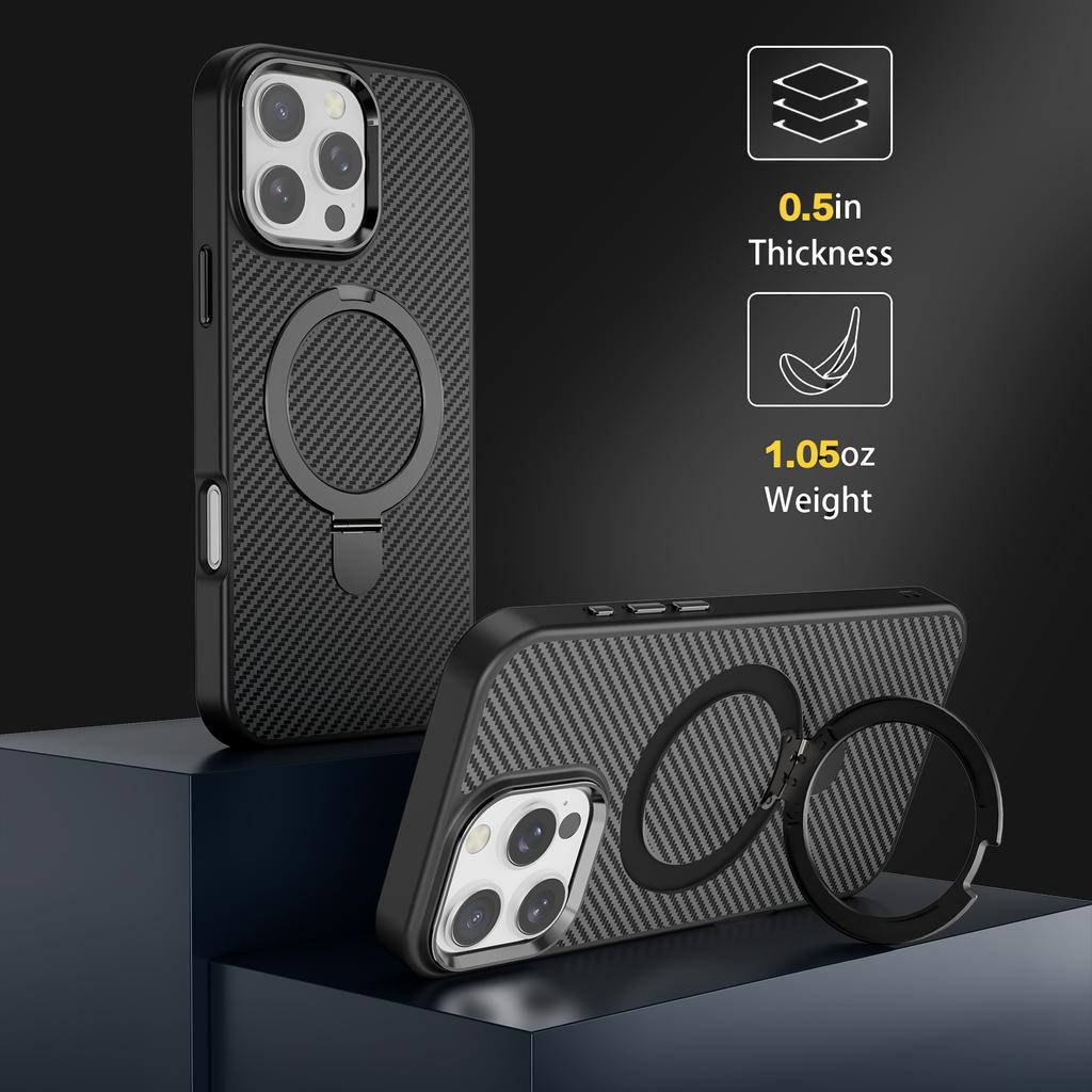 For iPhone 11 12 13 14 15 16 Pro Max Plus Phone Case Magnetic Metal Stand Kevlar Pattern Carbon Fiber Anti Drop Slim Cover