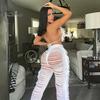Halter Neck Top with Tassel Pants 2 Pcs/Set Women Crop Set Hollow Out Lace-up Summer Outfit Beach Vacation Bra High Waist Ripped Knitted Trousers And