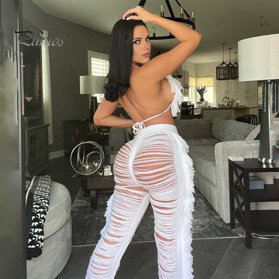 Halter Neck Top with Tassel Pants 2 Pcs/Set Women Crop Set Hollow Out Lace-up Summer Outfit Beach Vacation Bra High Waist Ripped Knitted Trousers And