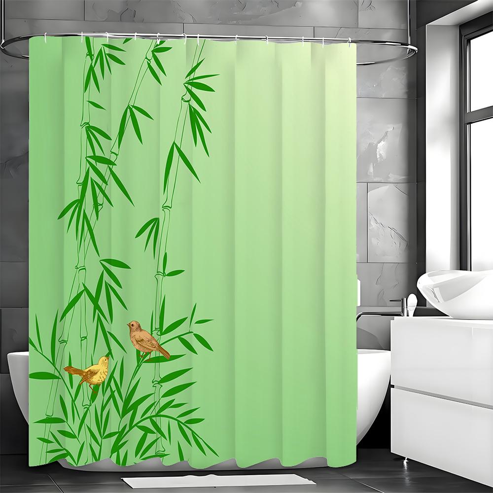 

Бамбук Бамбуковый Лист Птица Зеленый Шторка для душа, Декоративная шторка для душа для ванной комнаты, Водонепроницаемая шторка для душа с крючками 150*180cm