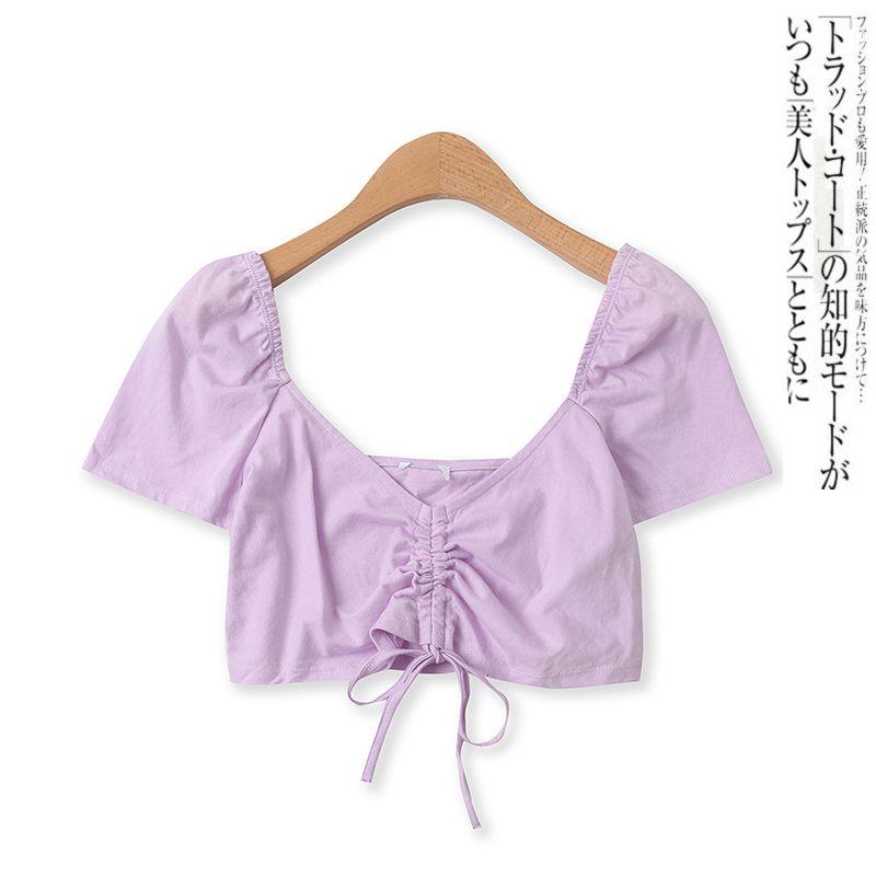 

Navel Cotton T-shirt Summer New Foreign Trade Women clothes Age-Reducing Versatile Square Collar Pleating Lace-up Slimming Short sleeve Top 14610 Light purple S