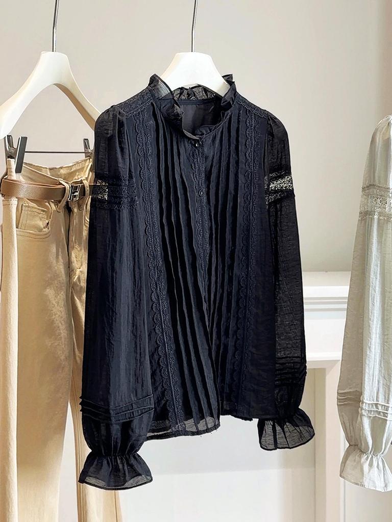 Elegant French Wood Ear Trim Round Neck Long Sleeve Womens Lace Top with Hollow Lantern Sleeves - Spring 2026