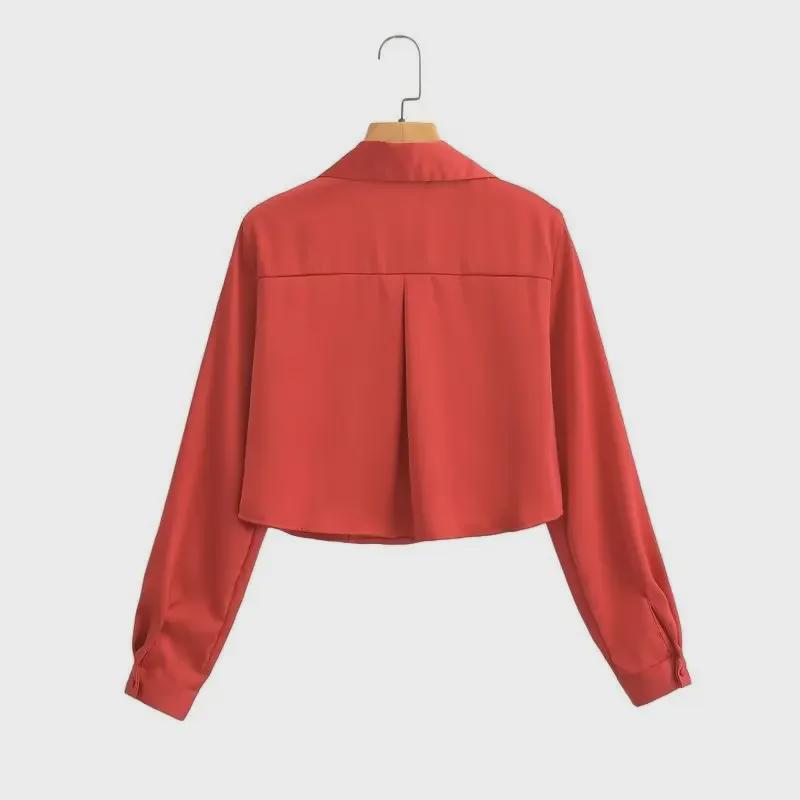 2025 Women's Summer Satin Silk Long-Sleeve Short Shirt - European & American Style