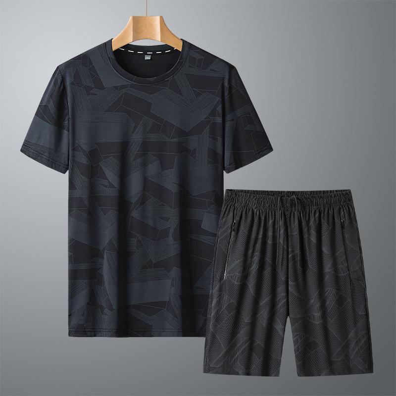 

Летний комплект из двух предметов Ice Silk Large с короткими рукавами для мужчин, для спорта, отдыха, свободного покроя, фитнеса, быстросохнущий, Ice Feeling XL