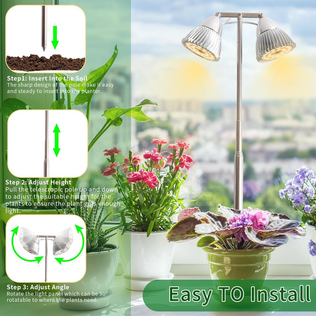 SINJIAlight 2-Head LED Grow Light with Stand, Indoor Grow Light with Timer Function (4H/8H/12H), 4 Dimming Levels, Adjustable Height, Energy-Saving, L