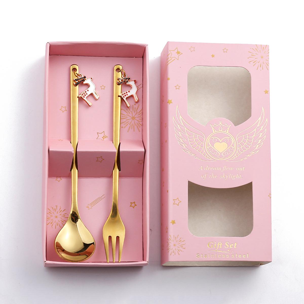 

J Stainless Steel Christmas Cartoon Spoon & Fork Set - 6-Piece Festive Dessert & Coffee Gift Box