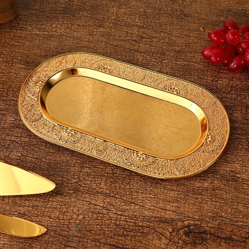 European Fruit Plate, Alloy Household Oval Shape Plate, Golden Niche Retro Snack Plate, Candy Plate Home Living Room Decoration