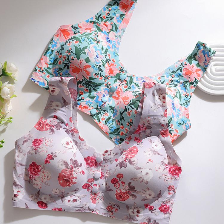 Untouched Front Button Underwear for Women Gathered on Top Anti Sagging Bra Print Summer Beautiful Back Bra Vest