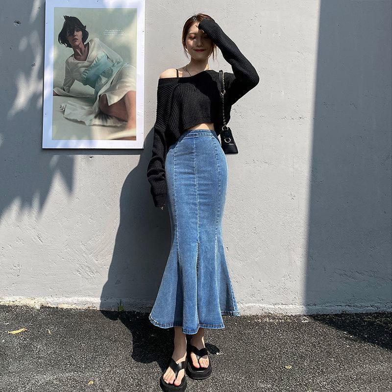 Blue Package Hip Women Summer High Waist Slim Stretch Hundred Thin Design Side Split Fishtail Skirt Versatile Comfortable Fashion Denim Bustier Skirt