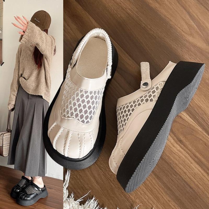 Fashion 2025 New Women's Platform Slippers Lace Mesh Half Slippers Women Outdoor Comfortable Heeled Slippers Woman Pantoufles Femme